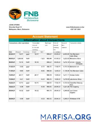 Realistic Botswana FNB of Botswana bank statement excel download for verification